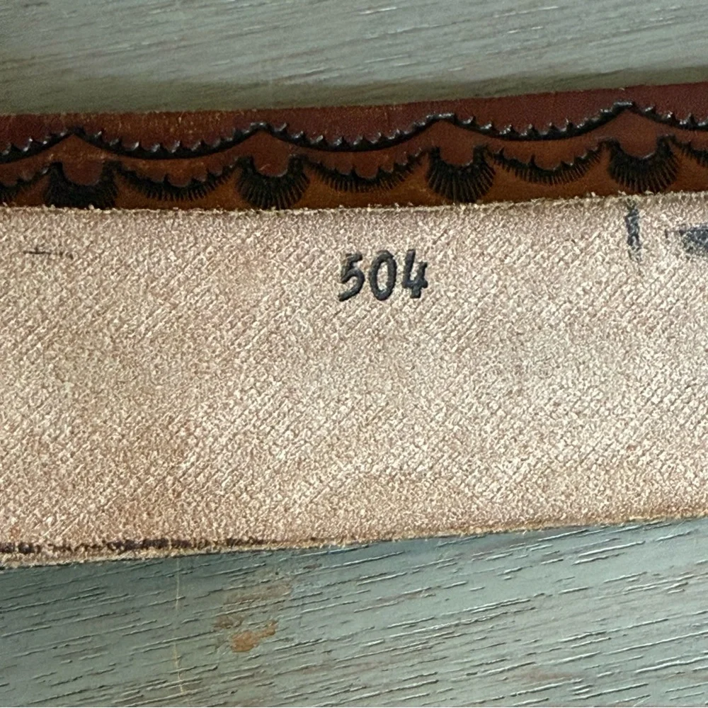 Western Tooled Brown Leather Cowboy Belt Size 45 Made In USA Scrollwork